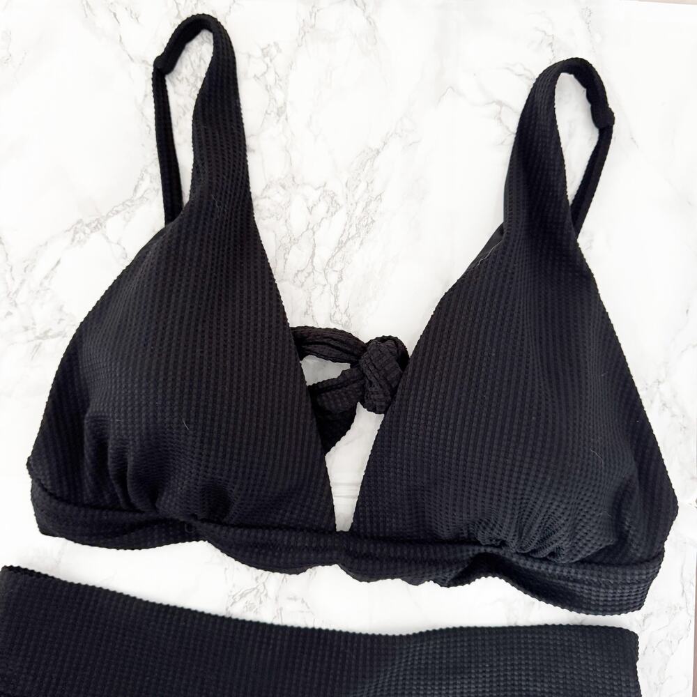 AERIE Waffle Longline Triangle High Cut Cheeky Bikini Black XL XXL - Picture 5 of 9